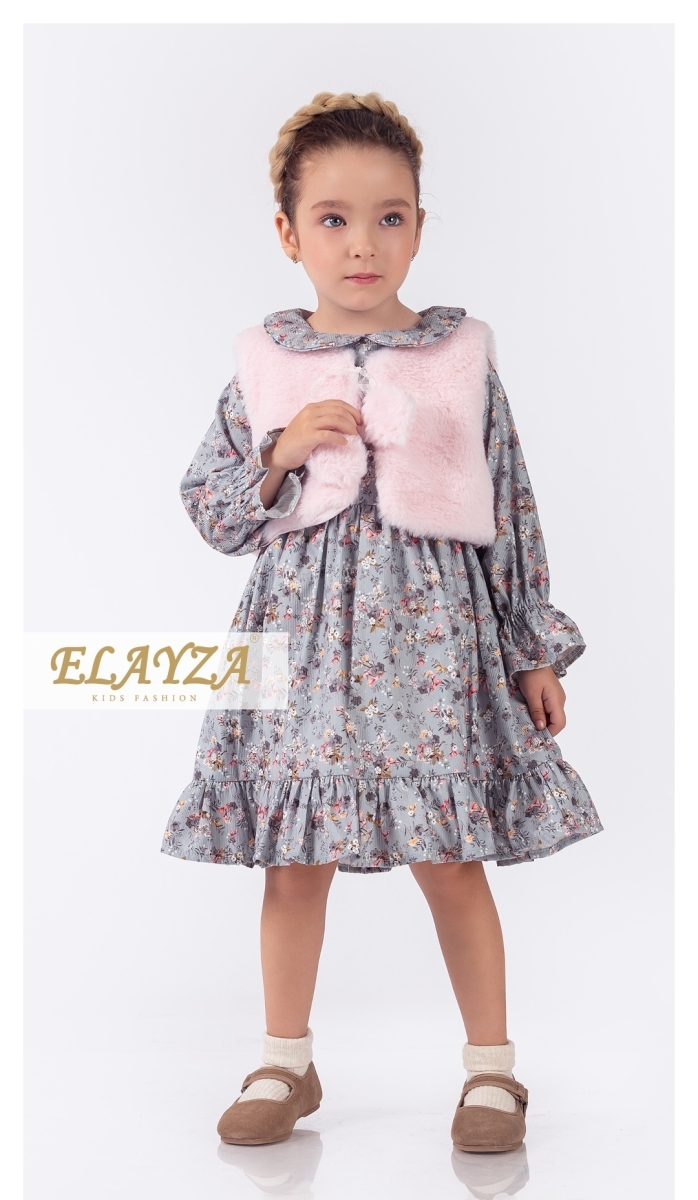 2-3-4-5 YAŞ PELUŞ BOLEROLU ÇİÇEK BASKILI ŞÖNİL KUMAŞTAN KIŞLIK KIZ ÇOCUK ELBİSESİ