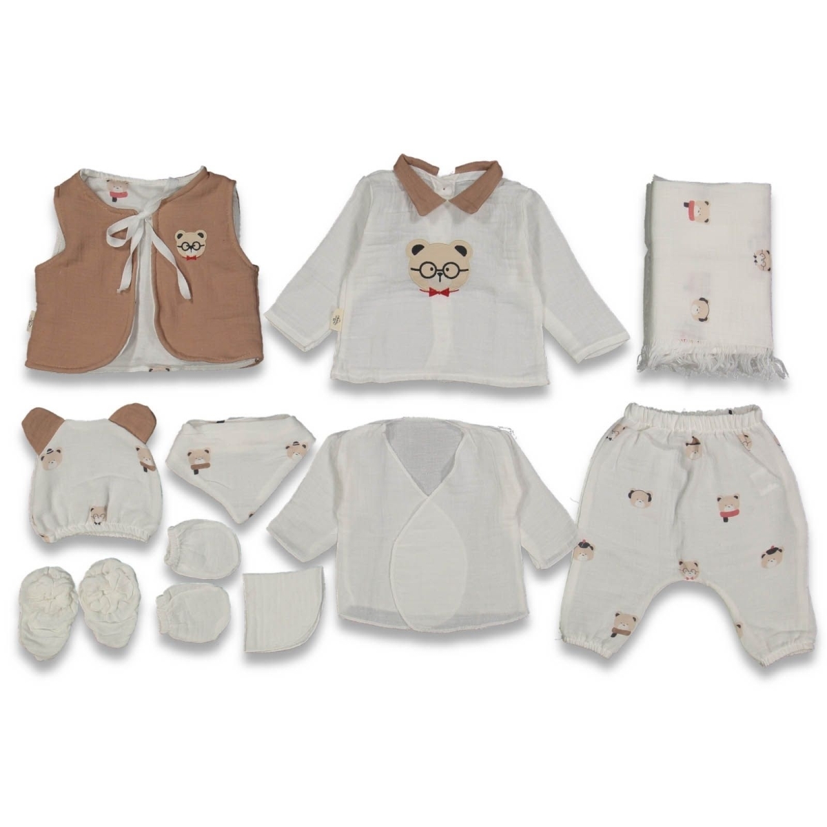 BEBLY KİDS 10021-ERKEK 1/3 AY MÜSLİN ELYAFLI YELEKLİ AYICIK DESENLİ