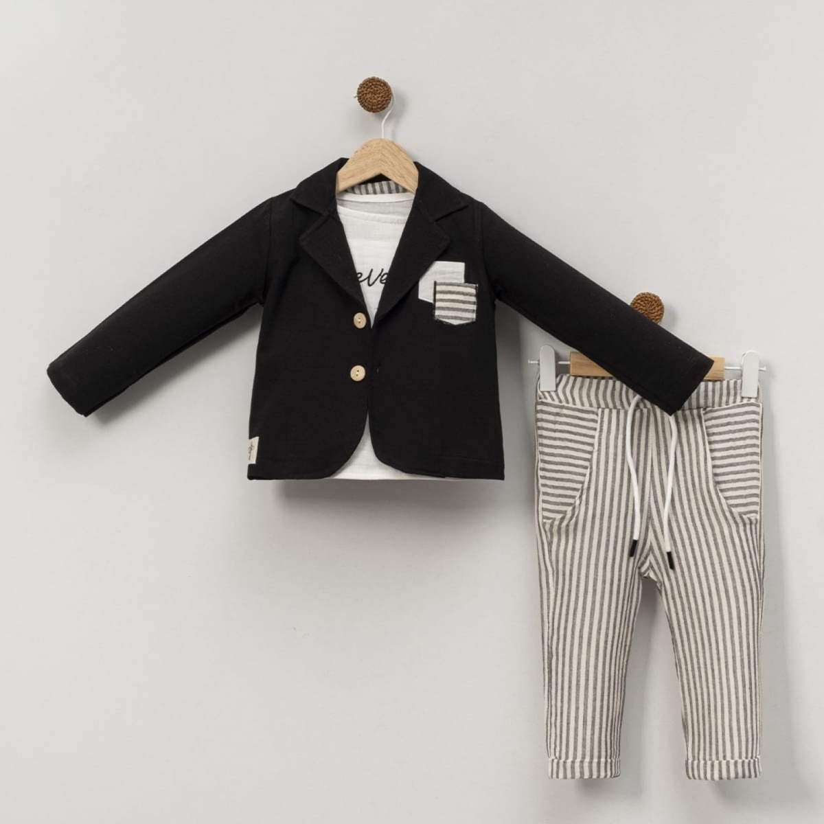 BEBLY KİDS 2518-ERKEK 9/18 AY CEKETLİ ÇİZGİLİ PANTALONLU 3 LÜ TAKI