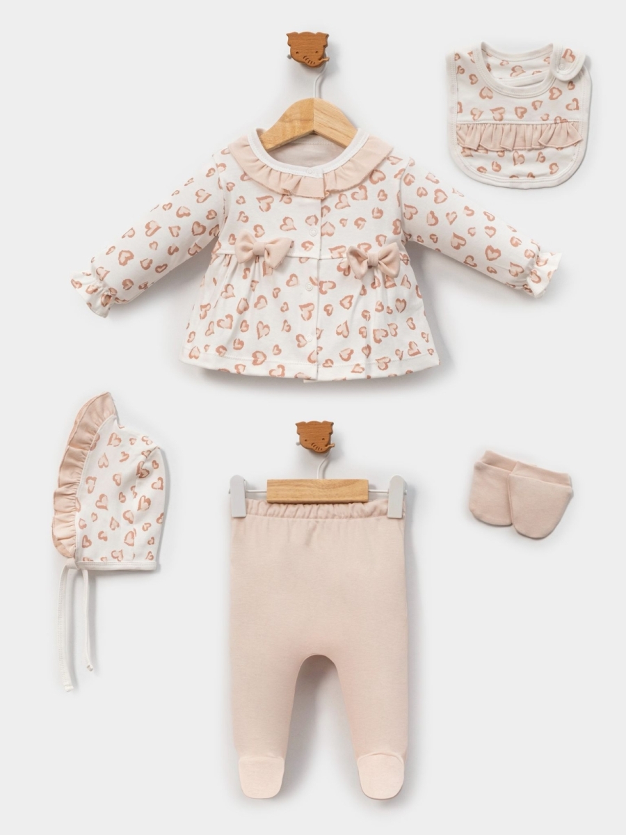 BELEMİR - 7178 / Kalp Baskılı Fırfır Detaylı 5'li Hastane Çıkış Seti