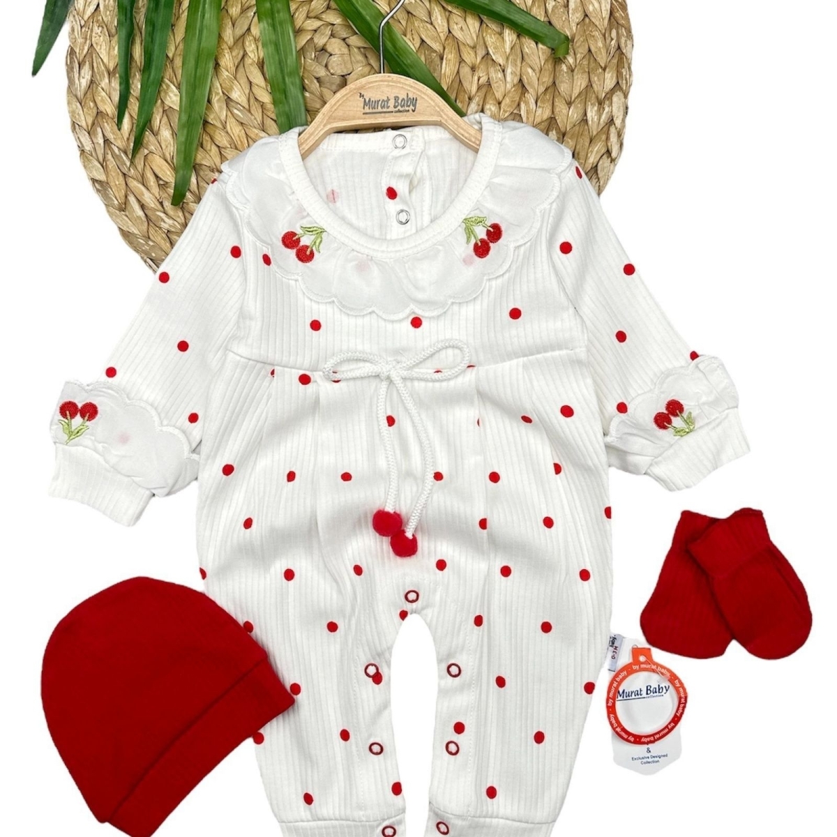 BYMURAT 9359-KIZ 3/12 AY YAKA KİRAZ DESEN ŞAPKALI ELDİVEN TULUM