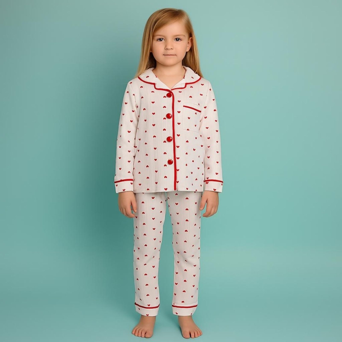 DOLAŞKİDS 2001-KIZ 11/14 YAŞ KALP BASKILI PİJAMA TAKIM