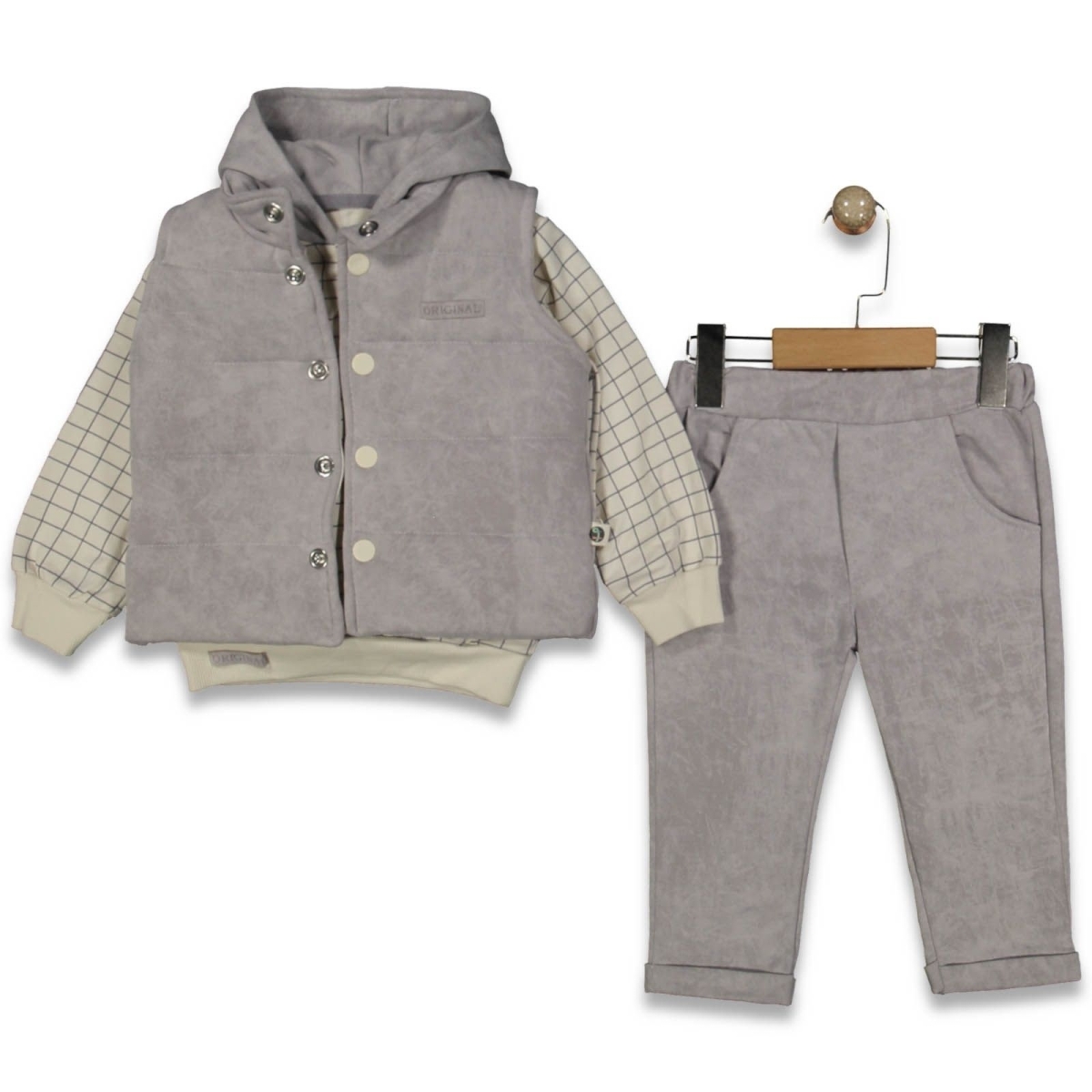 ERKEK 2/4 YAŞ KARELİ ÇİZGİLİ KAPŞON YELEKLİ 3 LÜ T