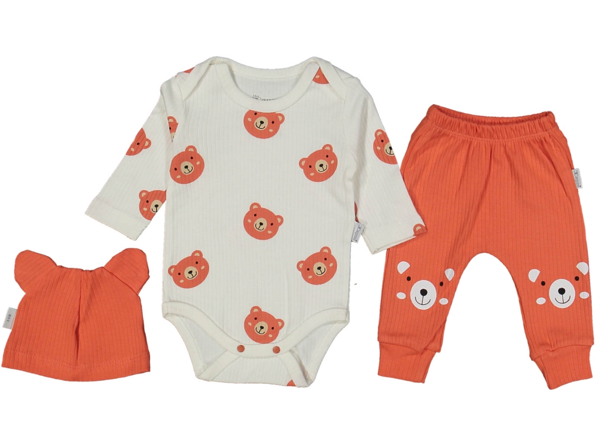 ERKEK 3/12 AY AYICIK BASKILI KULAKLI ŞAPKALI 3LU TAKIM