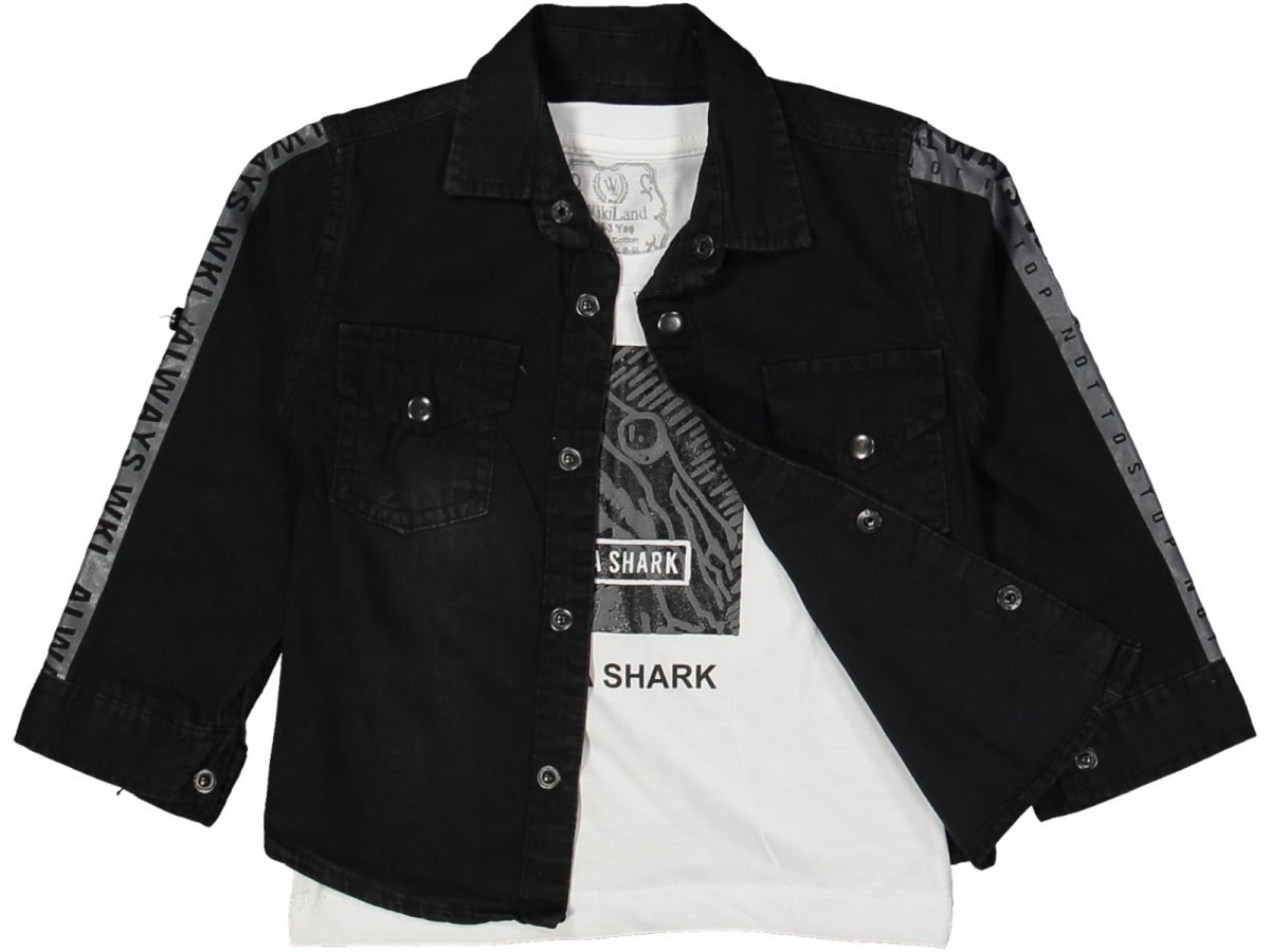 ERKEK 3/7 YAŞ KOL BASKILI SİYAH SEE A SHARK 2 Lİ GÖMLEK 