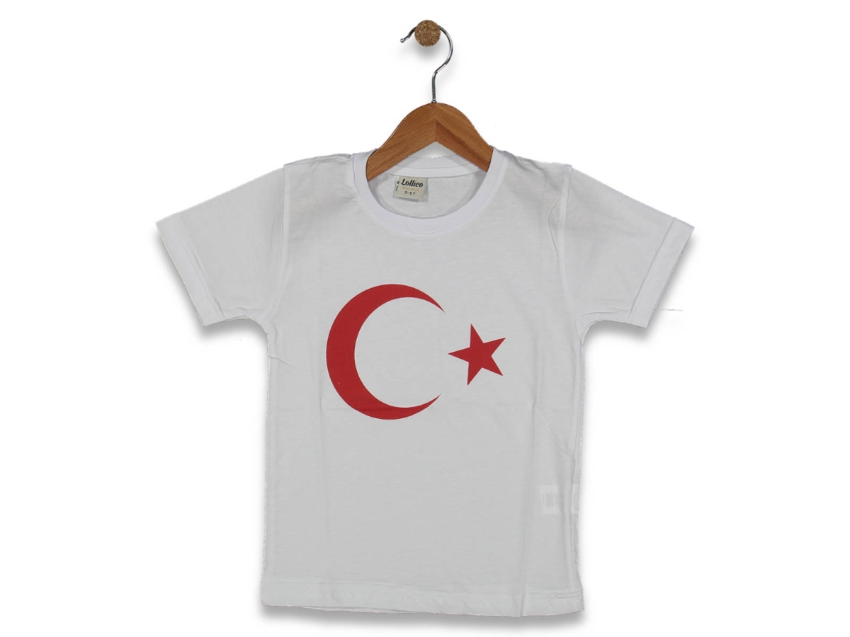ERKEK 5/8 YAŞ BEYAZ BAYRAK BASKILI TİŞÖRT