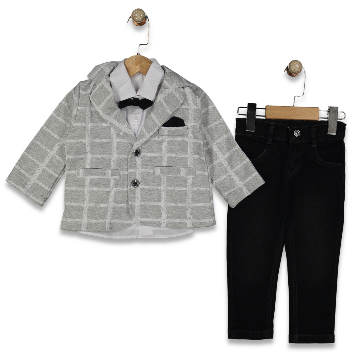 ERKEK 6/10 YAŞ KARELİ CEKETLİ PAPYONLU 3'LÜ TAKIM