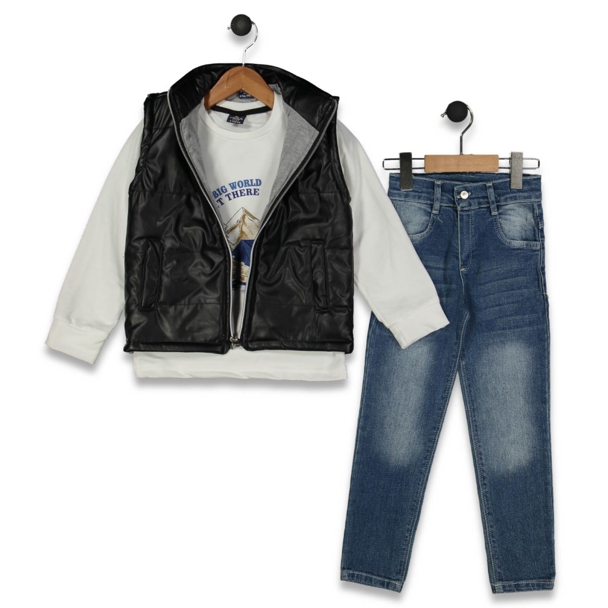 ERKEK 6/9 YAŞ ÇADIRLI DERİ YELEKLİ ÜÇLÜ TAKIM