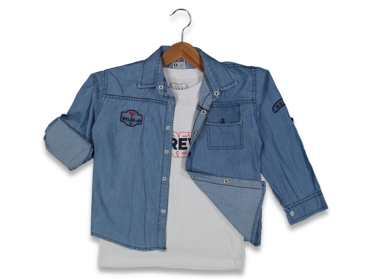 ERKEK 8/12 YAŞ WKL 47 NAKIŞLI MAVİ İKİLİ KOT GÖMLEK 