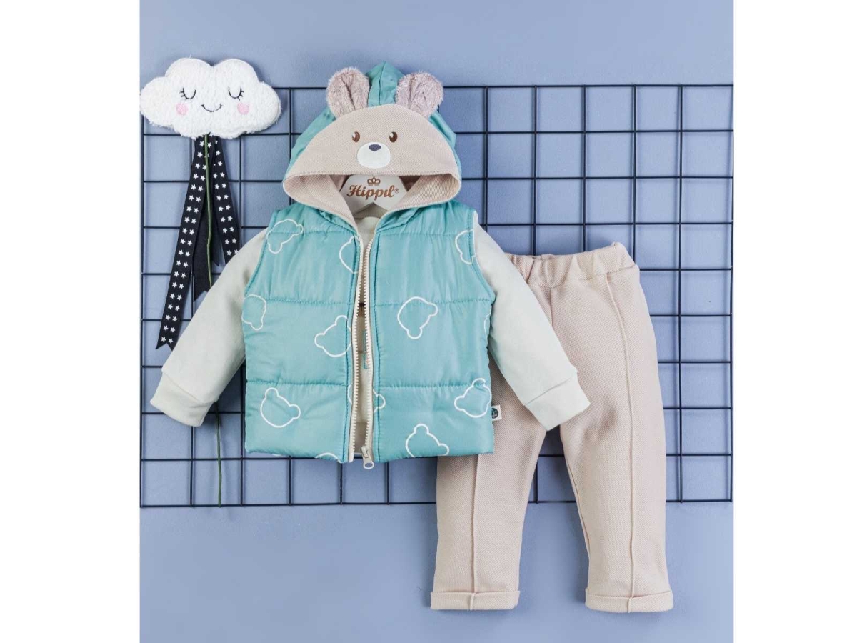 ERKEK 9/18 AY KAPŞON AYI NAKIŞLI YELEKLİ 3LÜ TAKIM