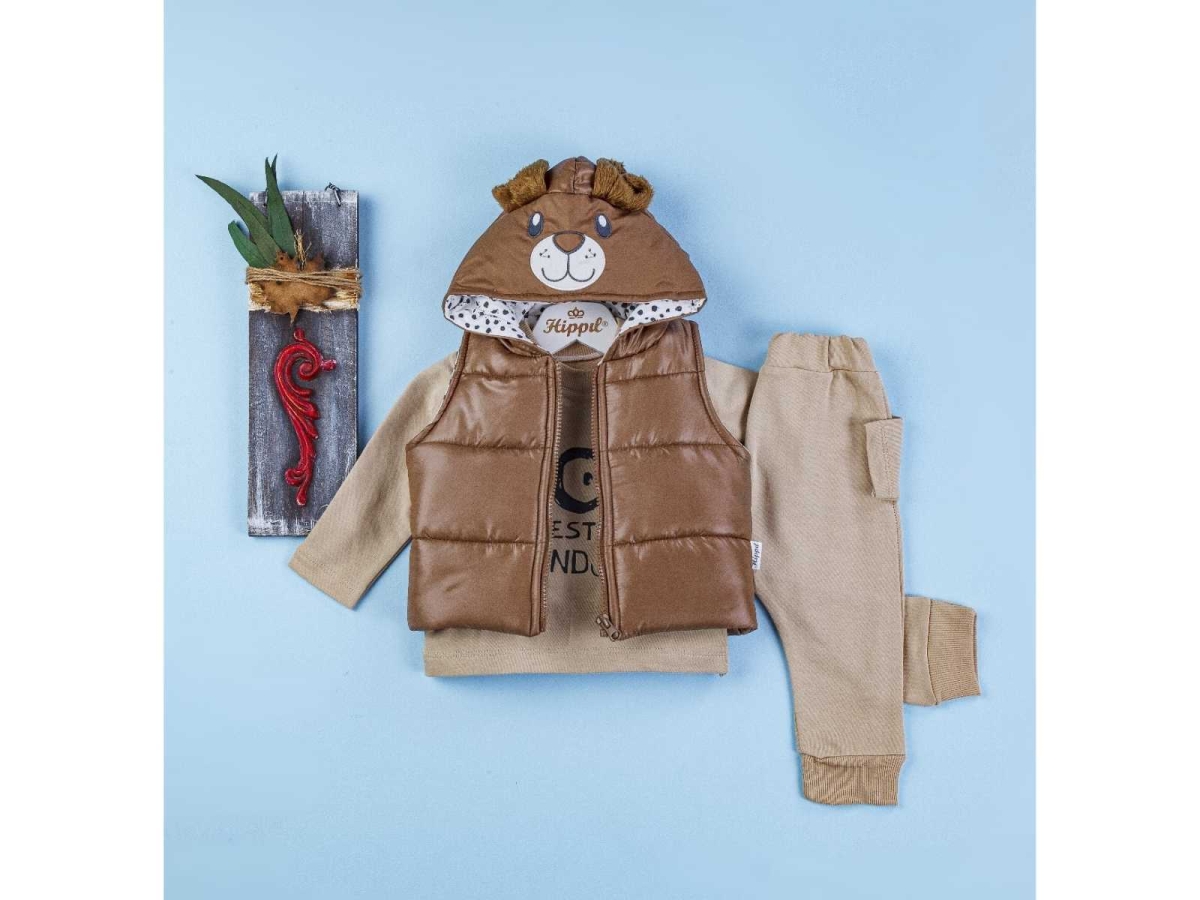 ERKEK 9/18 AY KULAKLI AYI KAPŞONLU YELEKLİ 3LÜ TAK