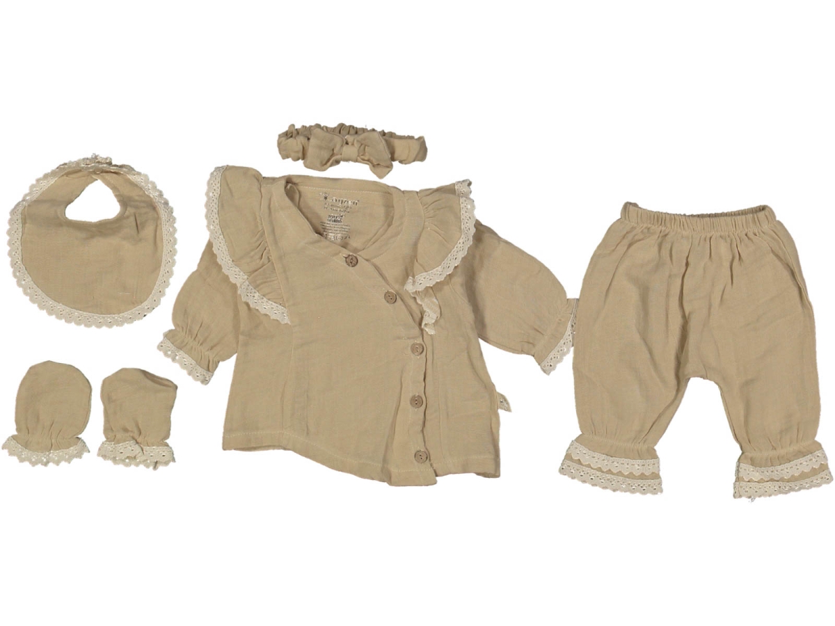 KIZ 0/3 AY DANTELLİ DÜĞMELİ MÜSLİN 5Lİ SET