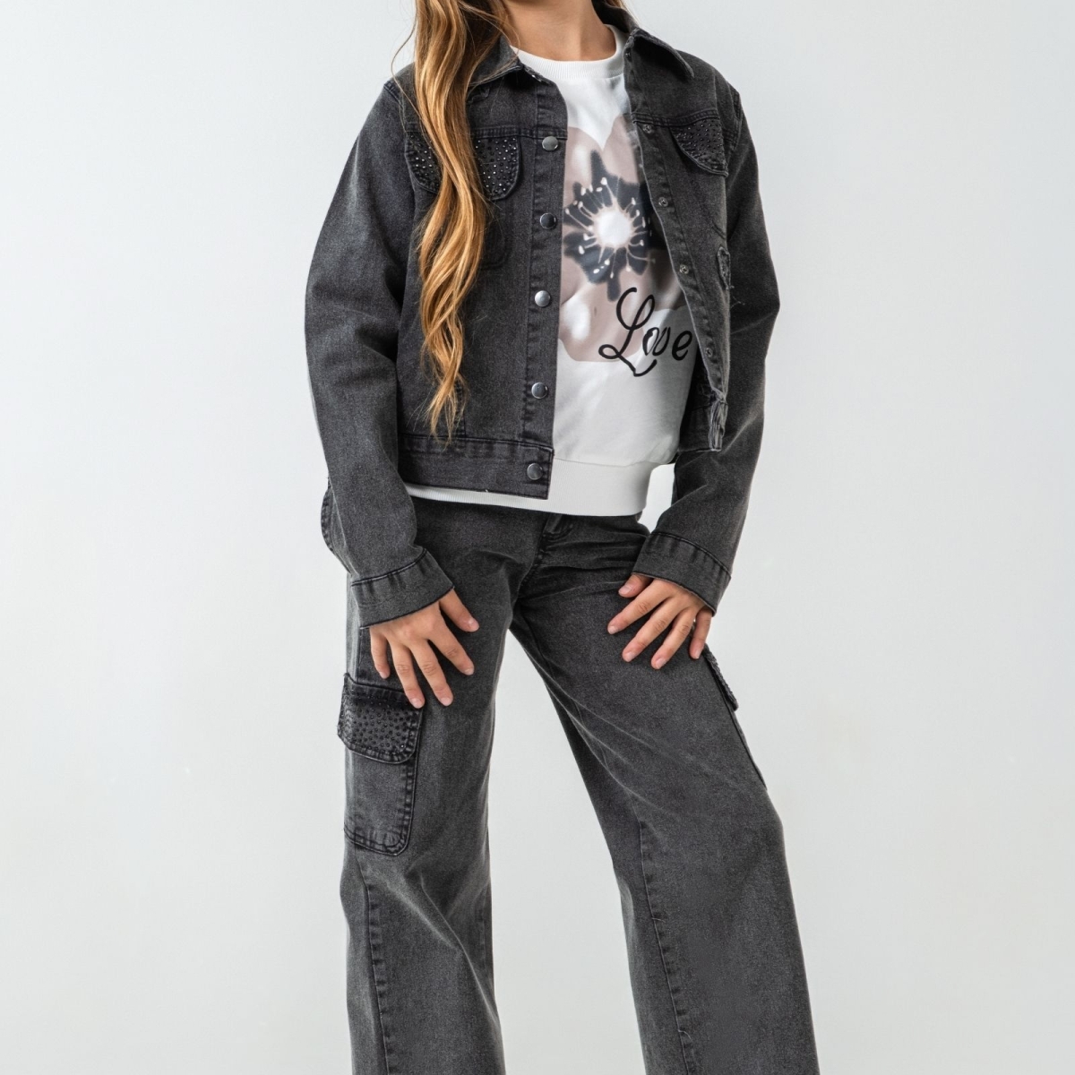 KIZ 10/13 YAŞ ÇİÇEK NAKIŞLI KOT ÜÇLÜ TAKIM