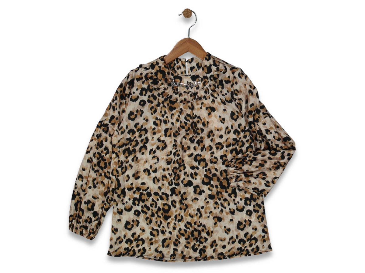 KIZ 10/15 YAŞ KOLU PİLELİ LEOPAR PASKILI GÖMLEK
