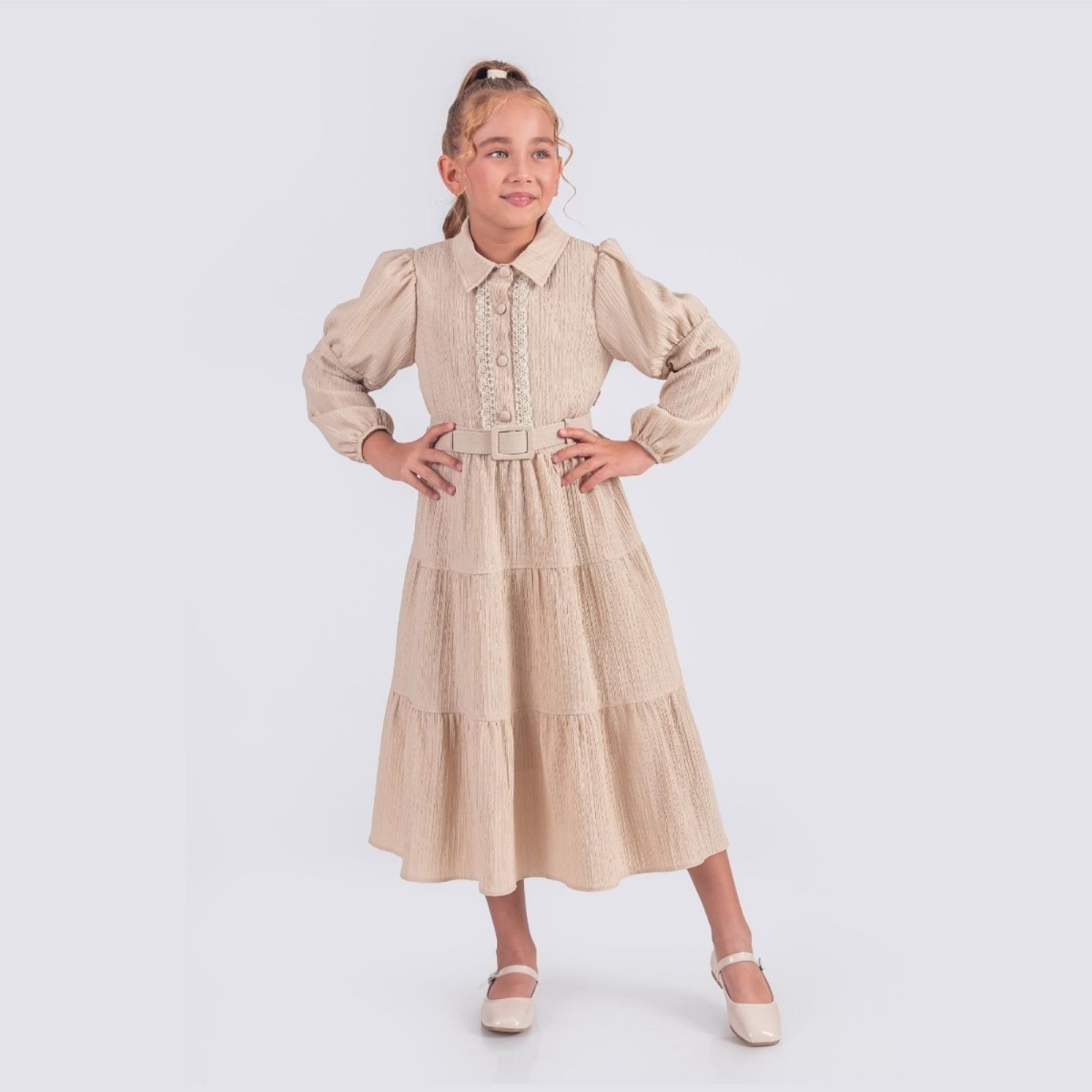 KIZ 10/16 YAŞ BELİ KEMERLİ DÜĞMELİ ELBİSE