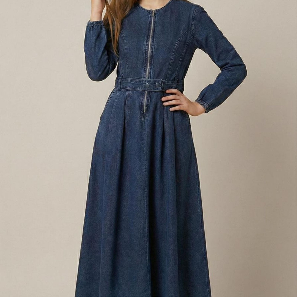 KIZ 11/16 YAŞ ÖNÜ FERMUARLI KOT ELBİSE