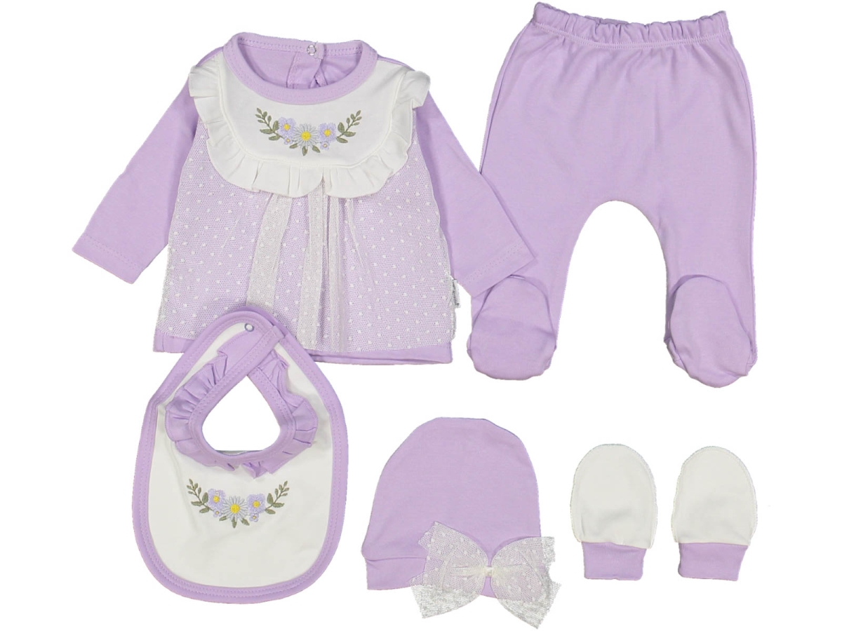 KIZ 1/3 AY PUNATİYELİ TÜLLÜ YAKASI ÇİÇEK NAKIŞLI 5&#039;Lİ SET