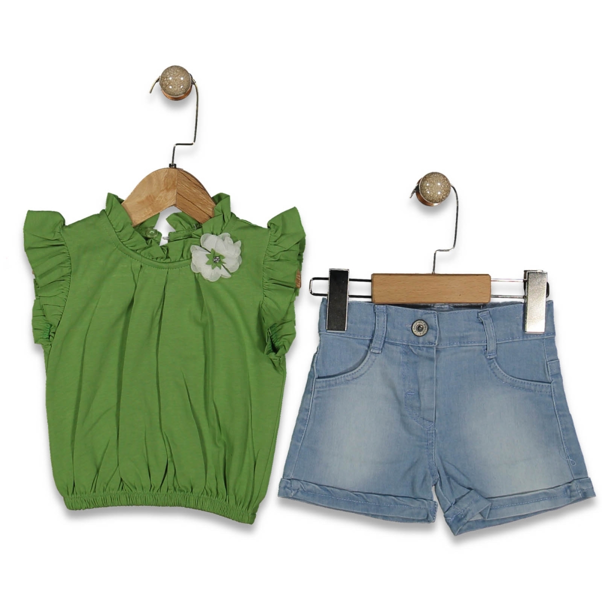 KIZ 1/5 YAŞ GÜLLÜ İNCİLİ PENYE  KOT ŞORTLU  TAKIM