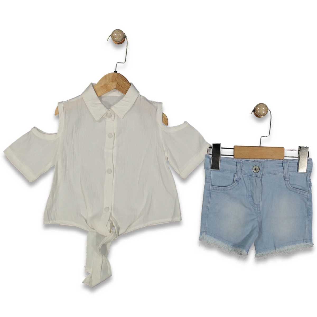 KIZ 1/5 YAŞ KOLSUZ BEL BAĞLAMALI KOT ŞORTLU  TAKIM