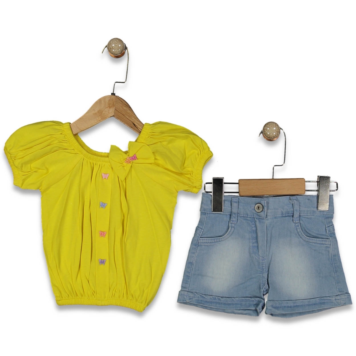 KIZ 1/5 YAŞ MİNİK KELEBEKLİ KOT ŞORTLU  TAKIM