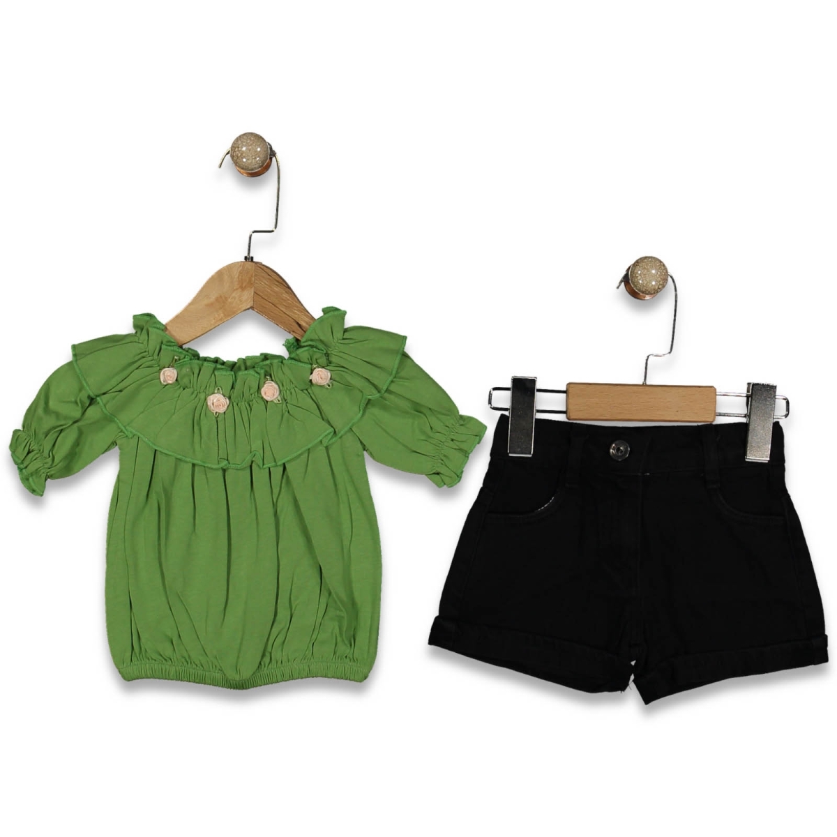 KIZ 1/5 YAŞ YAKA GÜLLÜ KOT ŞORTLU  TAKIM