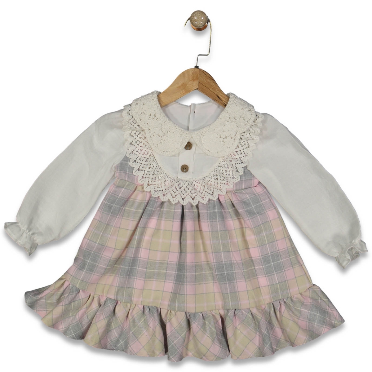 KIZ 2/4 YAŞ EKOSELİ DANTEL YAKALI ELBİSE