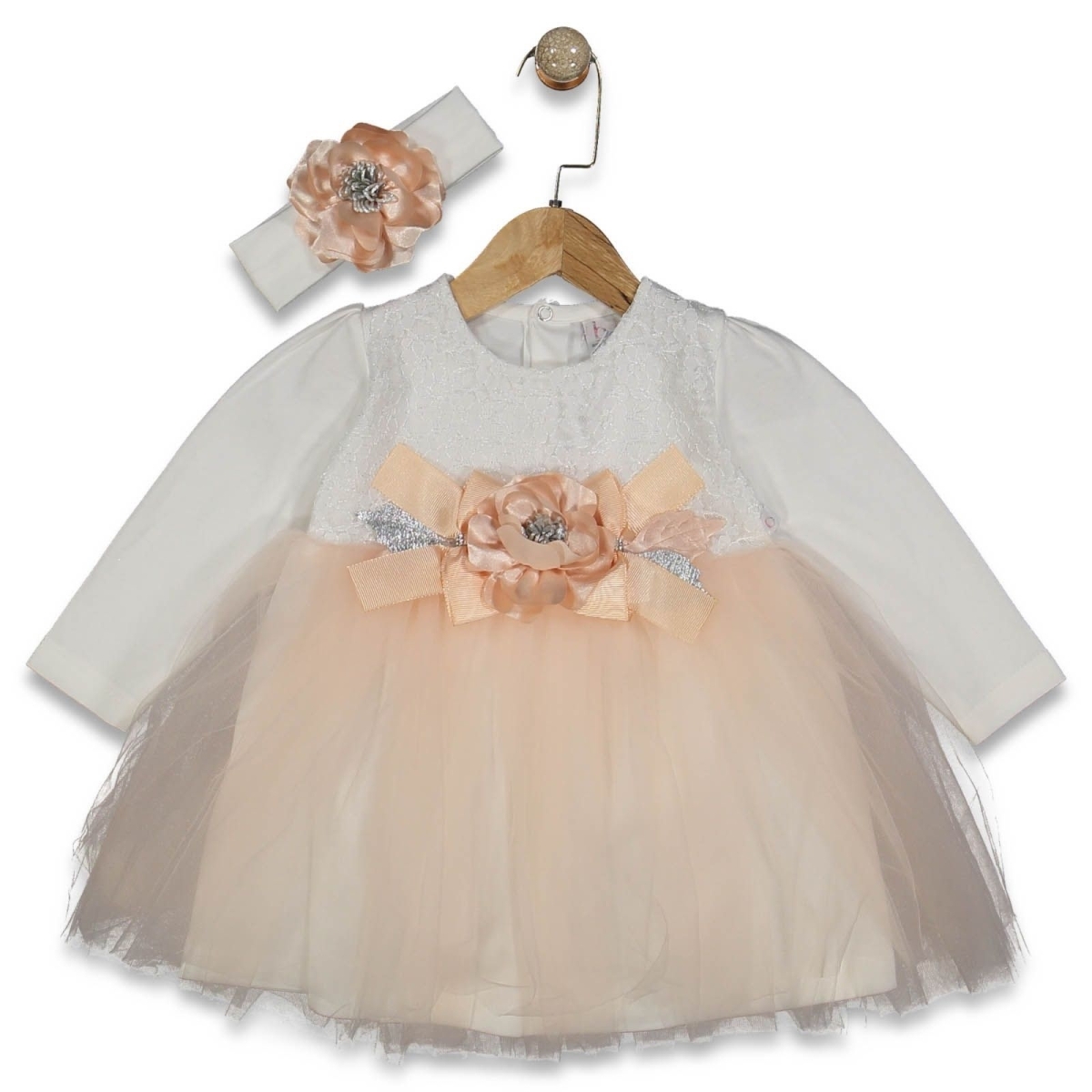 KIZ 2/4 YAŞ İNCİLİ GÖBEK ÇİÇEKLİ BANDANALI ELBİSE