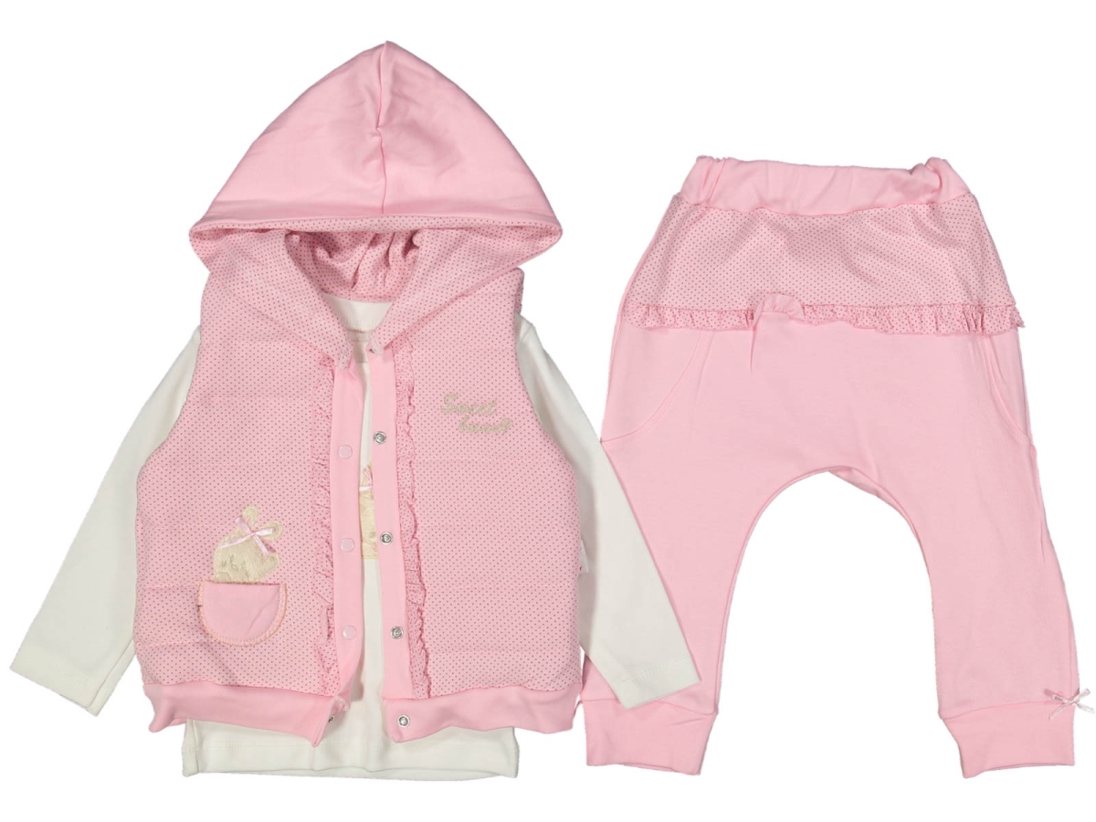 KIZ 2/4 YAŞ PUANLI TAVŞAN NAKIŞLI FIRFIRLI ŞİŞME YELEK 3LÜ TAKIM