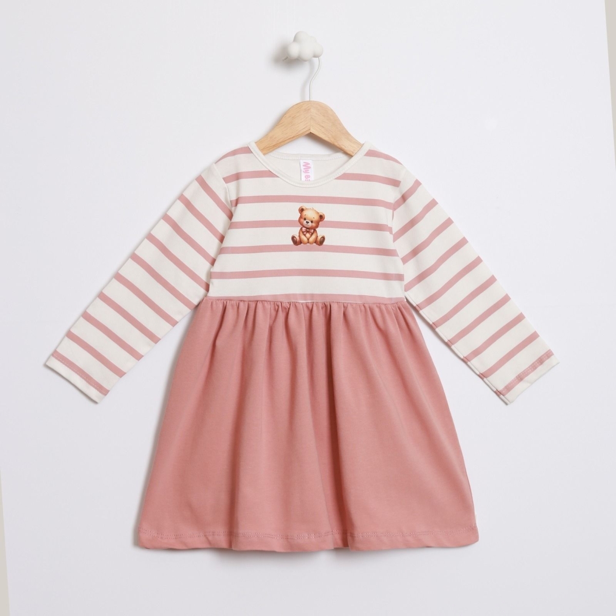 KIZ 2/5 YAŞ ÇİZGİLİ AYI BASKILI ELBİSE