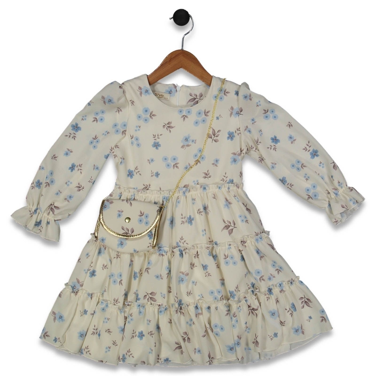 KIZ 2/5 YAŞ ETEĞİ KATLI BASKILI ÇANTALI ELBİSE