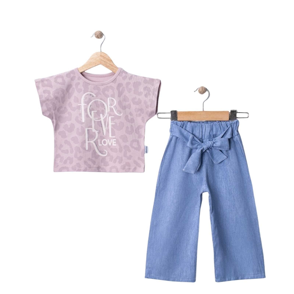 KIZ 2/5 YAŞ FOR LOVE TAŞ BASKILI TENCEL KOT TAKIM