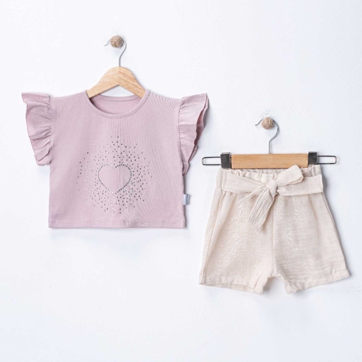 KIZ 2/5 YAŞ KALP TAŞ BASKILI JAKARLI MÜSLİN ŞORTLU