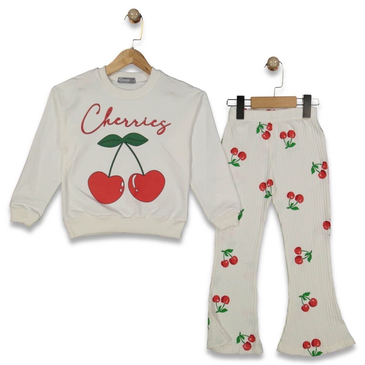 KIZ 2/5 YAŞ KİRAZ BASKILI  ALT FİTİLLİ PJAMA TAKIM