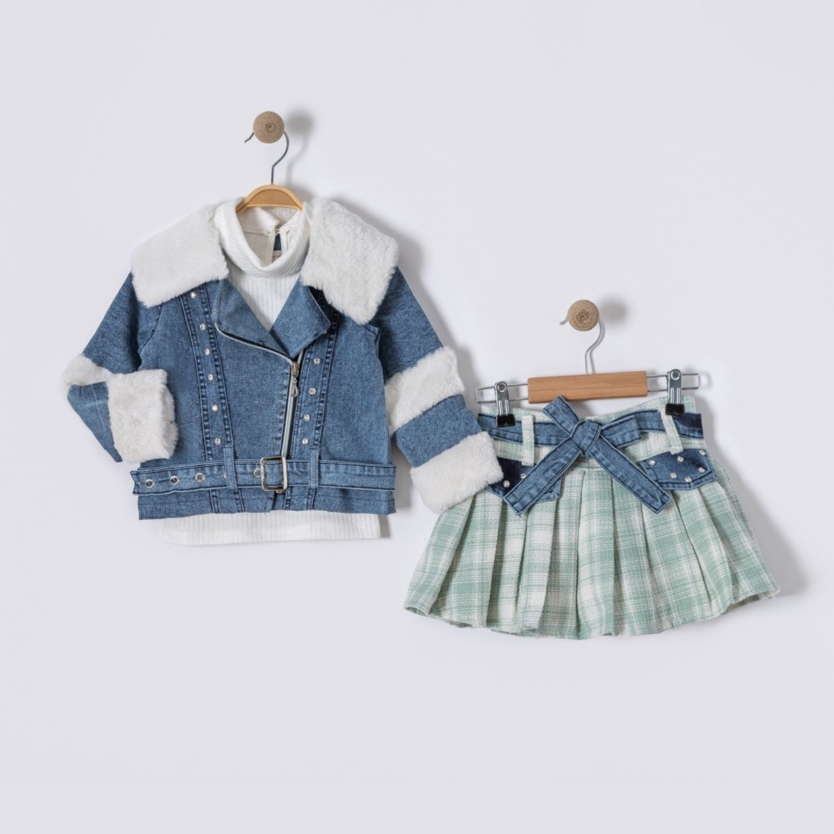 KIZ 2/5 YAŞ KOT PELUŞLU ETEKLİ ÜÇLÜ TAKIM