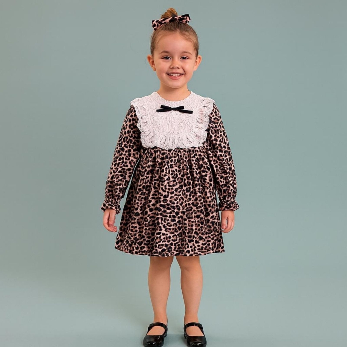 KIZ 2/5 YAŞ LEOPAR KARE YAKA ELBİSE