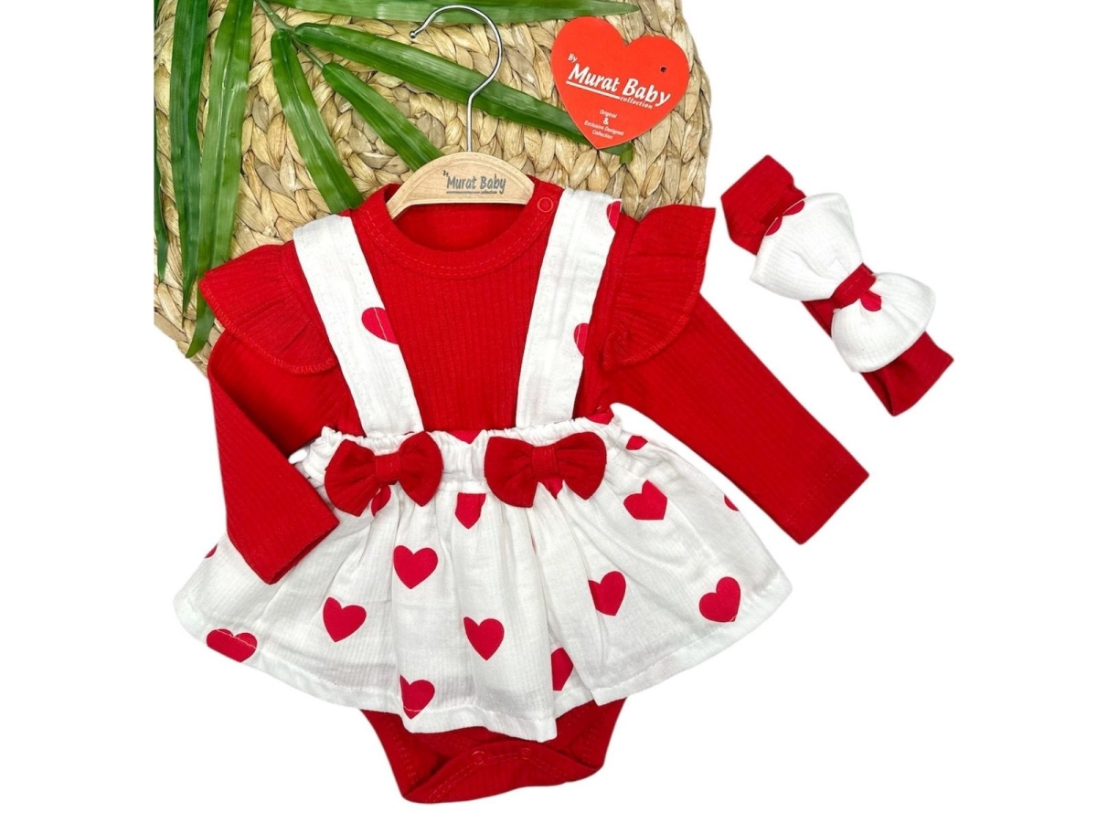 KIZ 3/12 AY BÜYÜK KALP BASKILI MÜSLİN BADİLİ ELBİSE