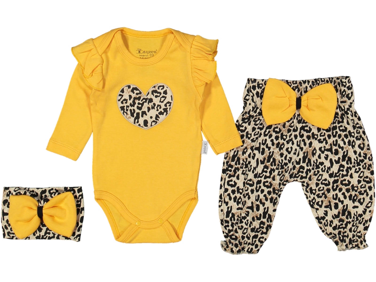 KIZ 3/12 AY LEOPAR DESENLİ KALPLİ FIRFIRLI BANDANALI 3LU TAKIM
