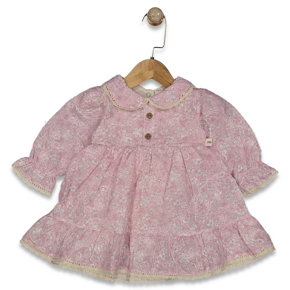 KIZ 3/18 AY ÇİÇEK BASKILI ETEK UCU GÜPÜRLÜ ELBİSE