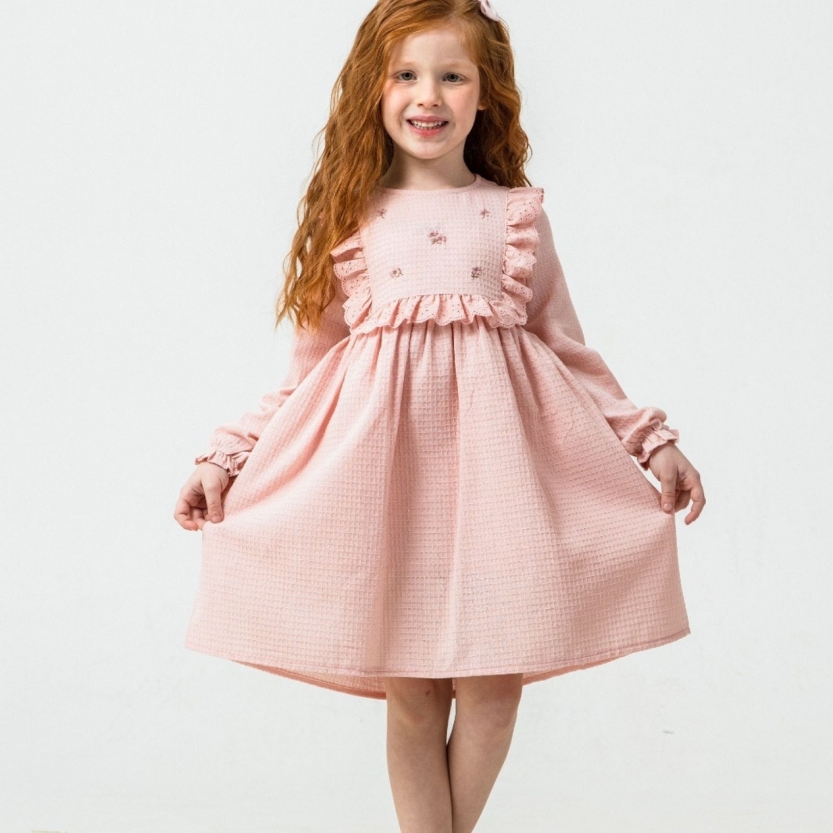 KIZ 3/6 YAŞ MİNİK ÇİÇEKLİ NAKIŞLI WAFFLE ELBİSE