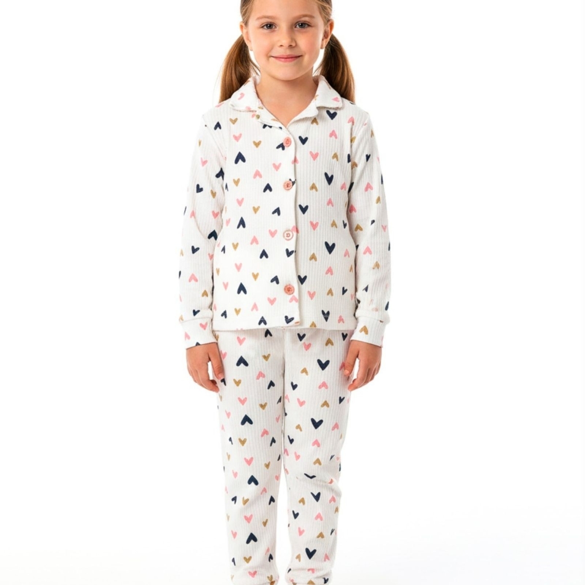 KIZ 3/6 YAŞ RENKLİ KALP BASKILI PİJAMA TAKIM