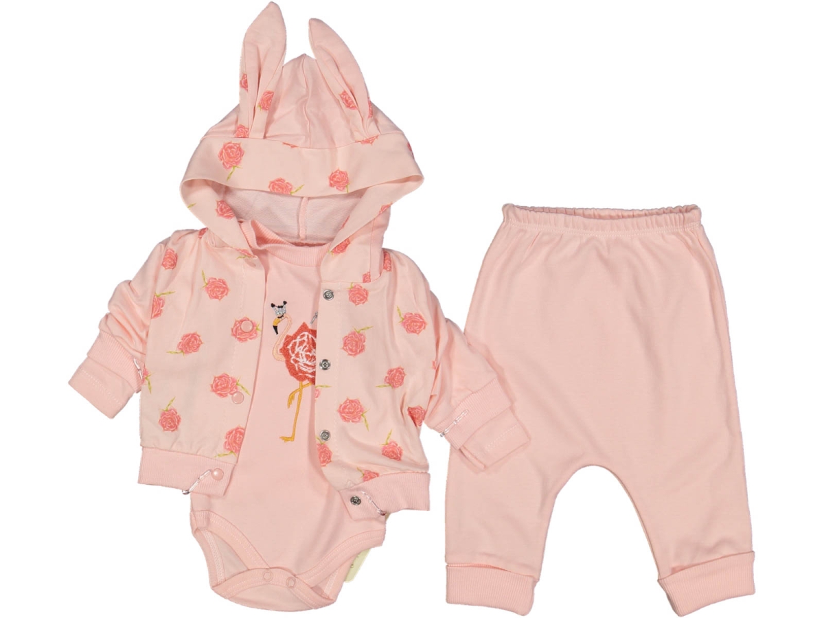 KIZ 3/9 AY GÜL KANAVİÇELİ KULAKLI KAPŞONLU 3LÜ TAKIM 