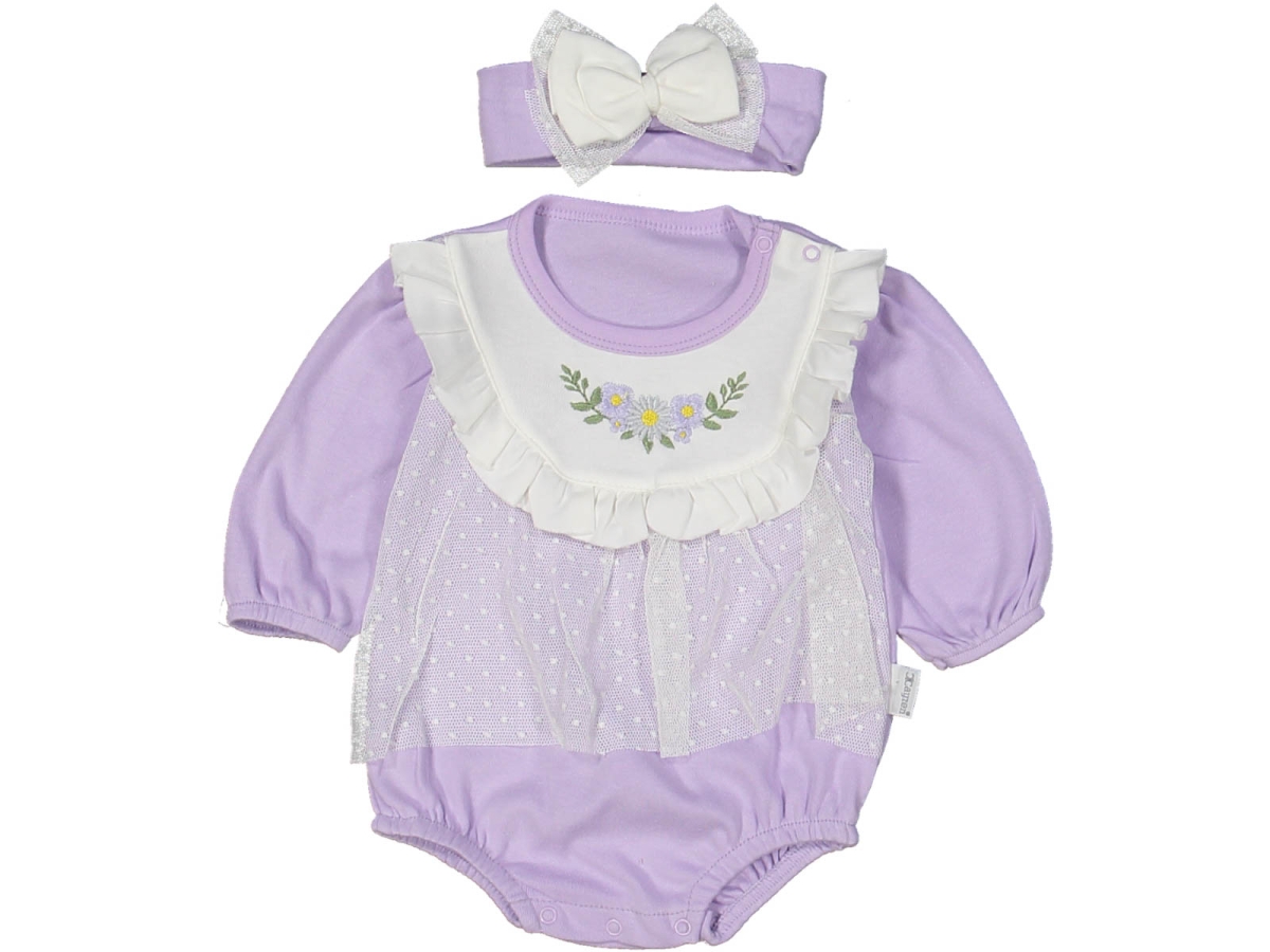 KIZ 3/9 AY PUANTİYELİ TÜLLÜ YAKASI ÇİÇEK NAKIŞLI ROMPER BADİ