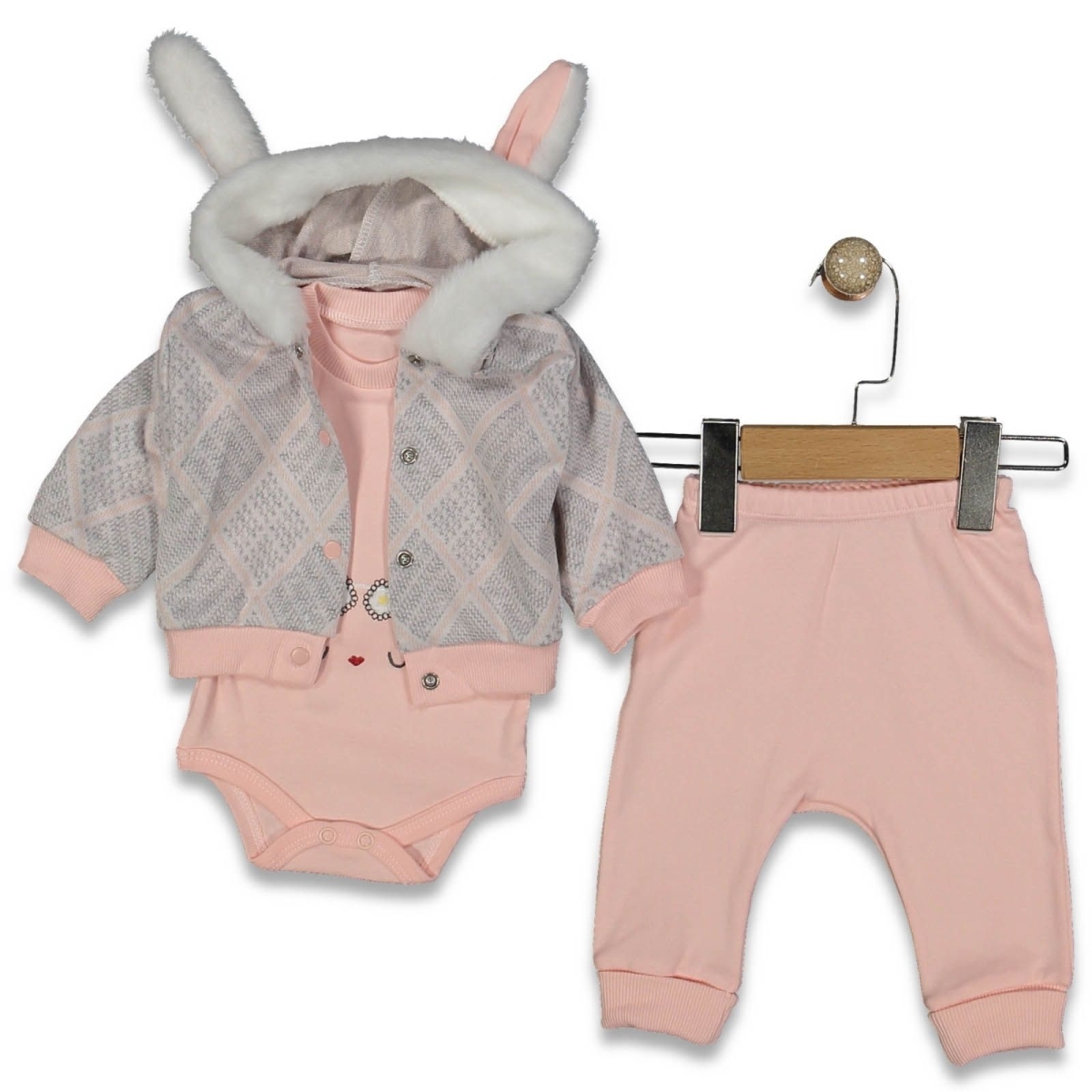 KIZ 3/9 AY TAVŞAN KULAKLI KAPŞONLU 3&#039;LÜ TAKIM