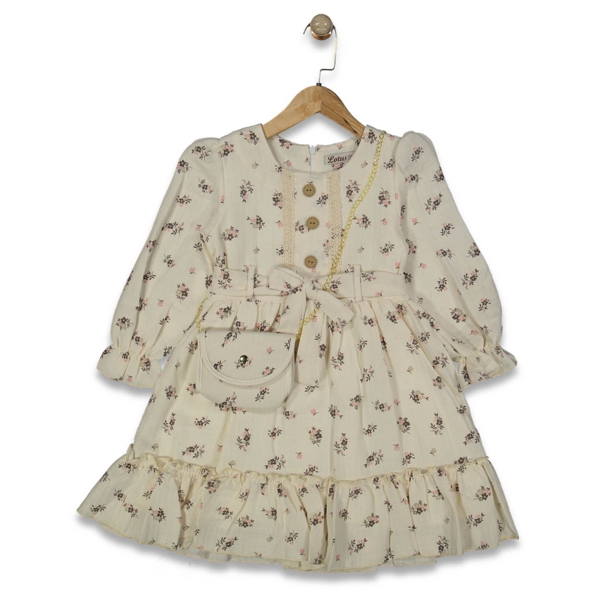 KIZ 5/8 YAŞ DESENLİ ÇANTALI MÜSLİN ELBİSE