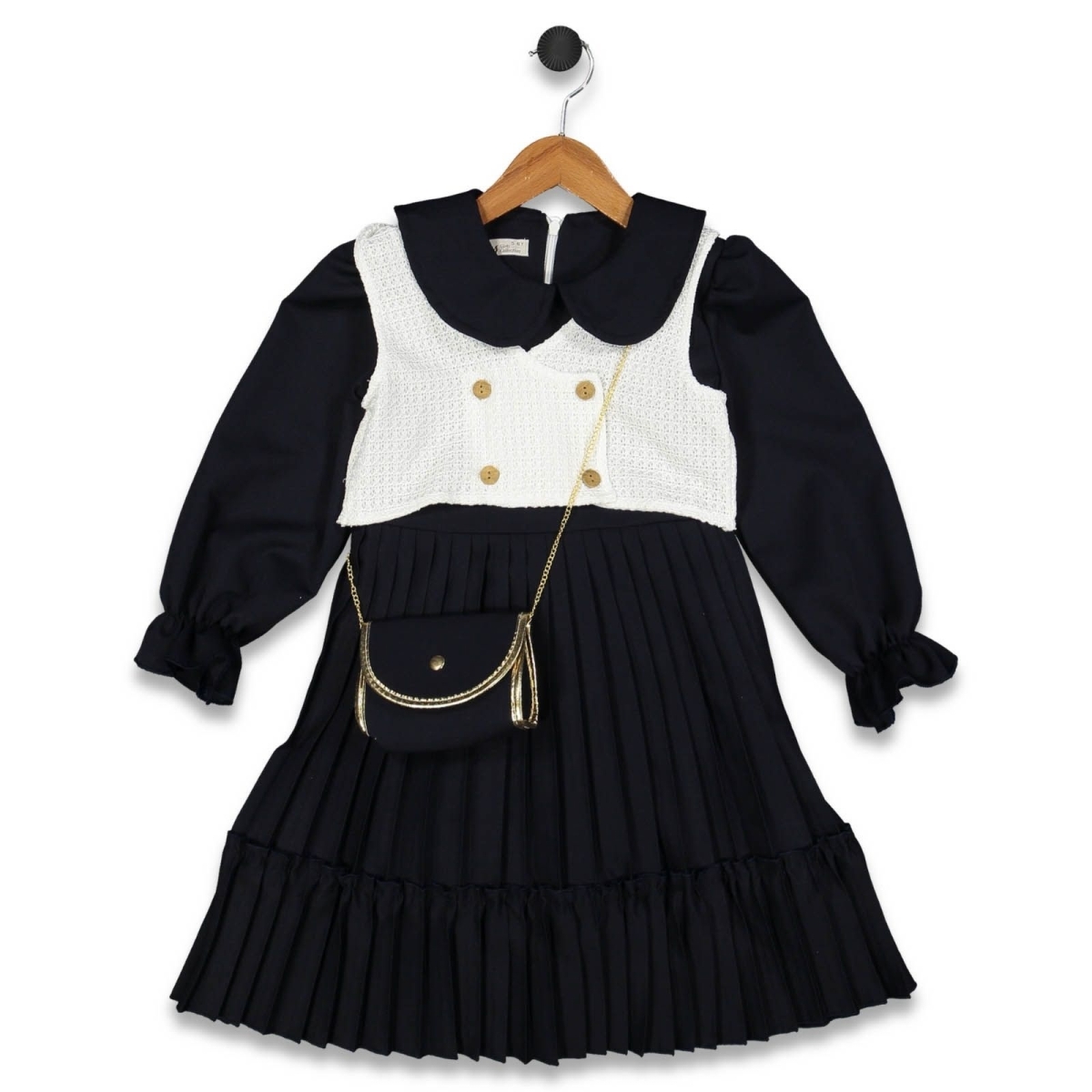 KIZ 5/8 YAŞ ÖRME YELEKLİ PİLİSELİ YAKALI ELBİSE