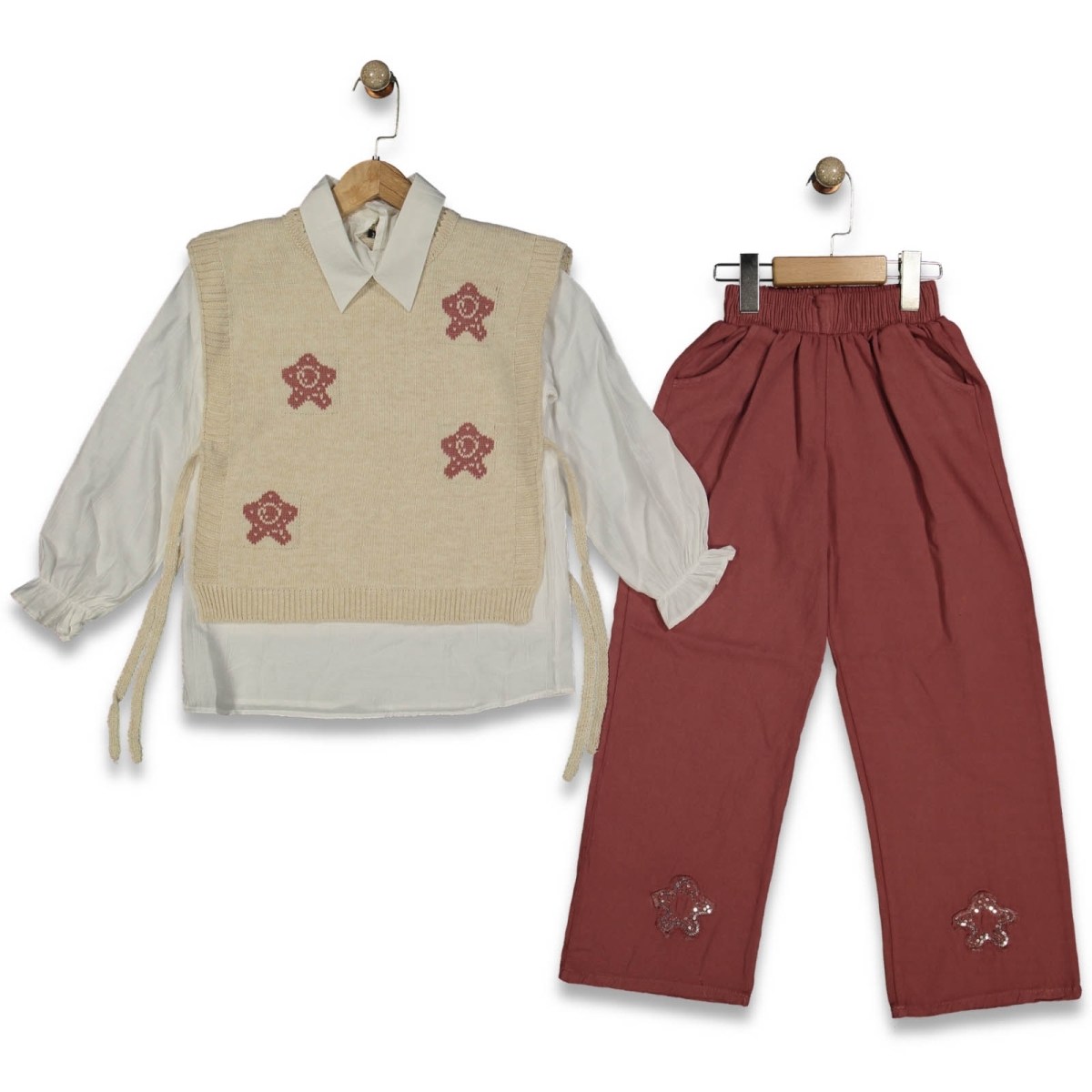 KIZ 5/8 YAŞ YILDIZLI BAĞLAMA YELEKLİ 3 LÜ TAKIM