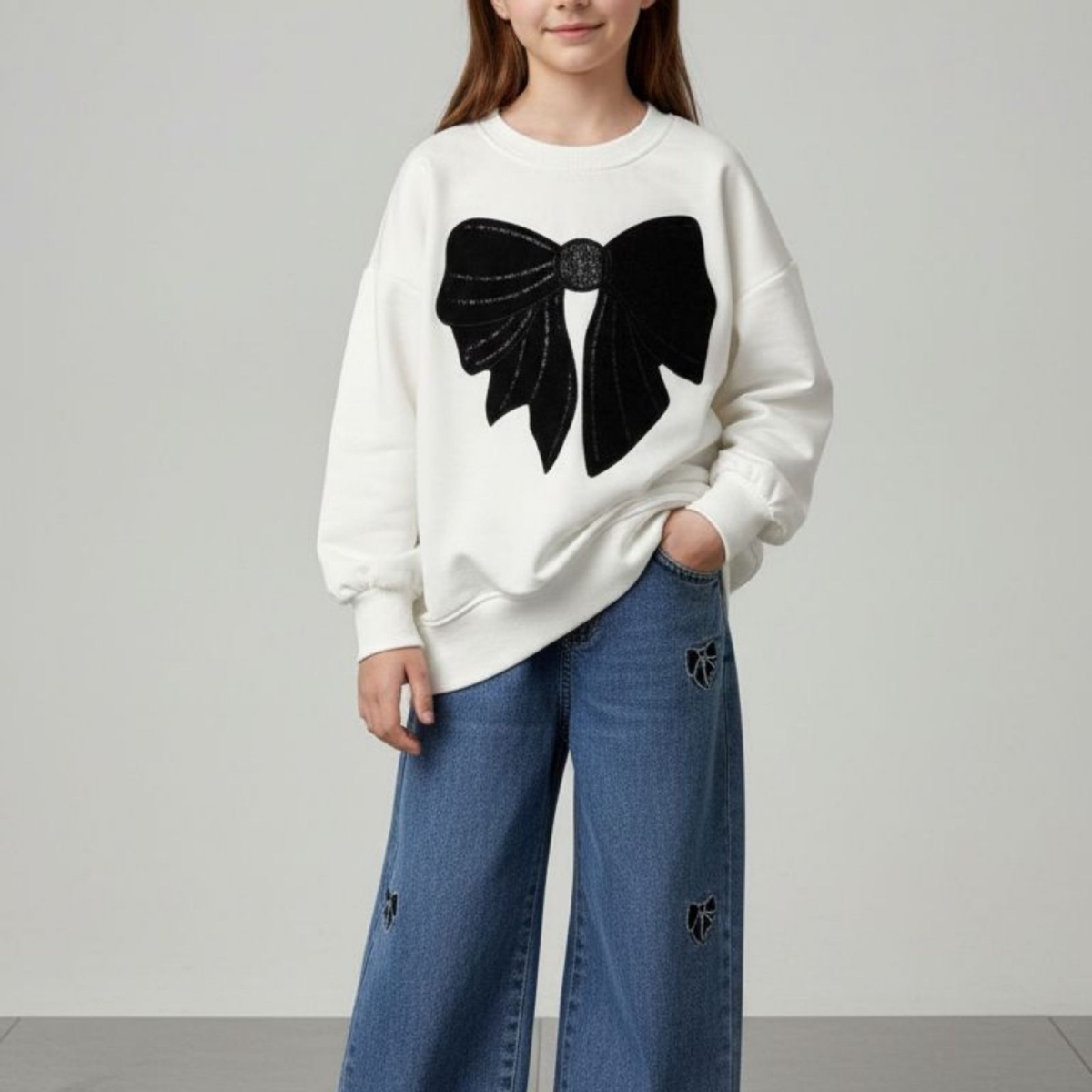 KIZ 6/10 YAŞ BÜYÜK FİYONK NAKIŞLI KOT TAKIM