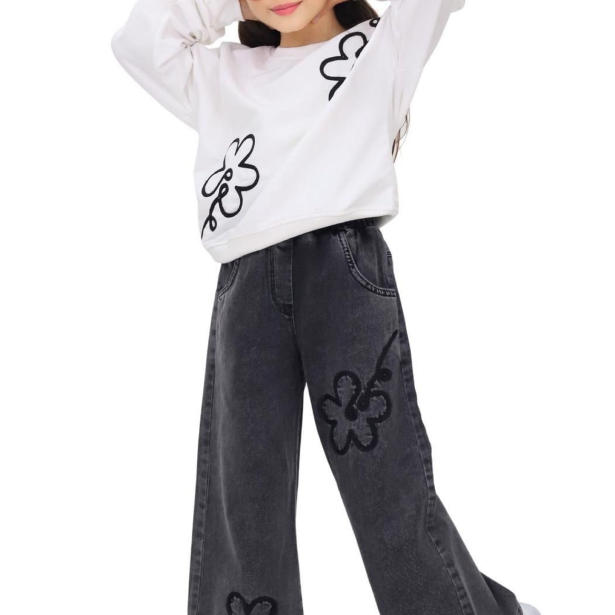 KIZ 6/10 YAŞ ÇİÇEK NAKIŞLI KOT PANTALONLU TAKIM