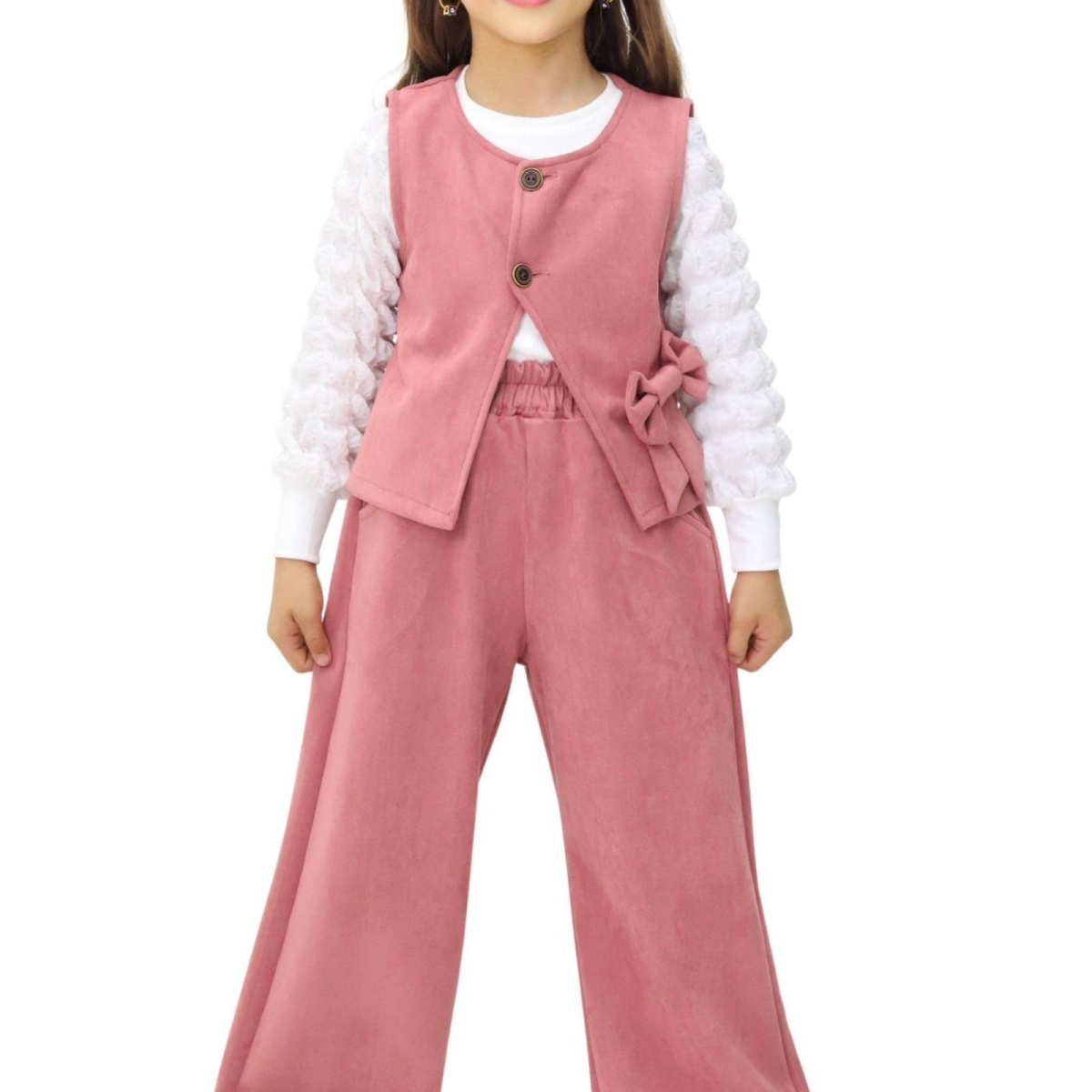 KIZ 6/10 YAŞ SÜET YELEKLİ BÜRÜMCÜKLÜ  TAKIM