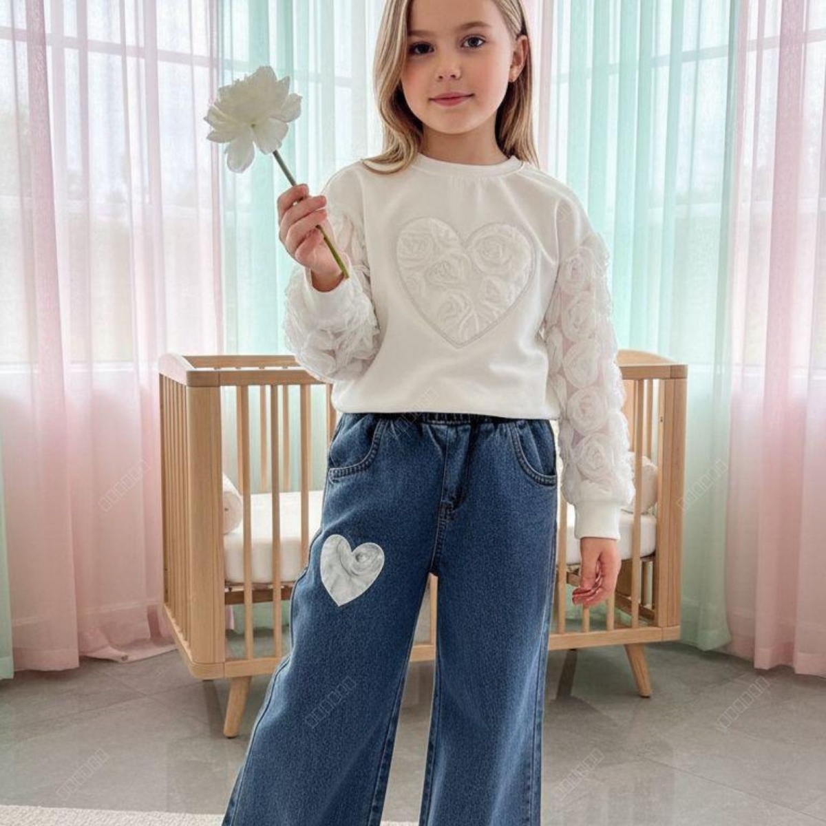 KIZ 6/10 YAŞ TÜLLÜ KALP NAKIŞLI KOT  PANTALONLU TA